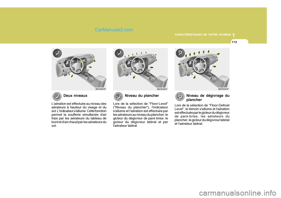 Hyundai Terracan 2006  Manuel du propriétaire (in French) 1
CARACTÉRISTIQUES DE VOTRE HYUNDAI
113
1
CARACTÉRISTIQUES DE VOTRE HYUNDAI
113
Deux niveaux
Laération est effectuée au niveau des aérateurs à hauteur du visage et du sol. Lindicateur sallume