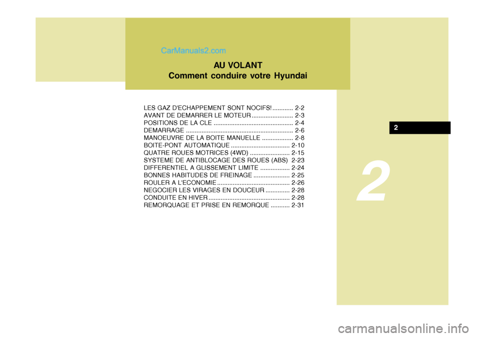 Hyundai Terracan 2006  Manuel du propriétaire (in French) 2
LES GAZ DECHAPPEMENT SONT NOCIFS! ............ 2-2 
AVANT DE DEMARRER LE MOTEUR ........................ 2-3
POSITIONS DE LA CLE .............................................. 2-4DEMARRAGE.........