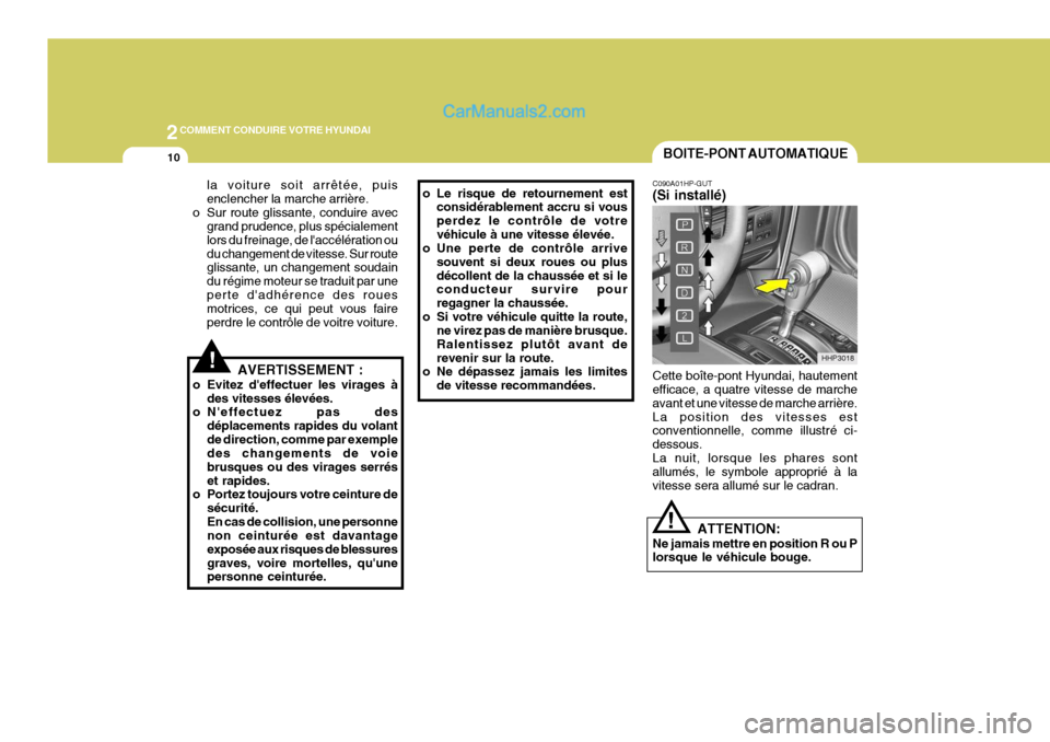 Hyundai Terracan 2006 Manuel du propriétaire (in French) 2COMMENT CONDUIRE VOTRE HYUNDAI
10
!
ATTENTION:
Ne jamais mettre en position R ou P lorsque le véhicule bouge.
BOITE-PONT AUTOMATIQUE
HHP3018
C090A01HP-GUT (Si installé) Cette boîte-pont Hyundai, h Hyundai Terracan 2006 Manuel du propriétaire (in French) 2COMMENT CONDUIRE VOTRE HYUNDAI
10
!
ATTENTION:
Ne jamais mettre en position R ou P lorsque le véhicule bouge.
BOITE-PONT AUTOMATIQUE
HHP3018
C090A01HP-GUT (Si installé) Cette boîte-pont Hyundai, h