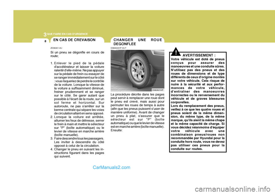 Hyundai Terracan 2006 Manuel du propriétaire (in French) 3QUE FAIRE EN CAS DURGENCE
8
!
CHANGER UNE ROUE DEGONFLEEEN CAS DE CREVAISON
ZD060A1-AU Si un pneu se dégonfle en cours de route;
1. Enlever le pied de la pédale daccélérateur et laisser la voi Hyundai Terracan 2006 Manuel du propriétaire (in French) 3QUE FAIRE EN CAS DURGENCE
8
!
CHANGER UNE ROUE DEGONFLEEEN CAS DE CREVAISON
ZD060A1-AU Si un pneu se dégonfle en cours de route;
1. Enlever le pied de la pédale daccélérateur et laisser la voi