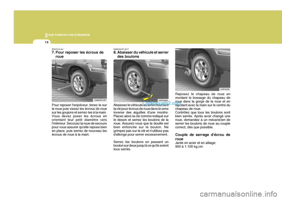 Hyundai Terracan 2006 Manuel du propriétaire (in French) 3QUE FAIRE EN CAS DURGENCE
14
ZD070J2-AU
7. Pour reposer les écrous deroue D060I02HP-GUT
8. Abaisser du véhicule et serrer
des boulons
Abaissez le véhicule au sol en tournant la clé pour écrous Hyundai Terracan 2006 Manuel du propriétaire (in French) 3QUE FAIRE EN CAS DURGENCE
14
ZD070J2-AU
7. Pour reposer les écrous deroue D060I02HP-GUT
8. Abaisser du véhicule et serrer
des boulons
Abaissez le véhicule au sol en tournant la clé pour écrous