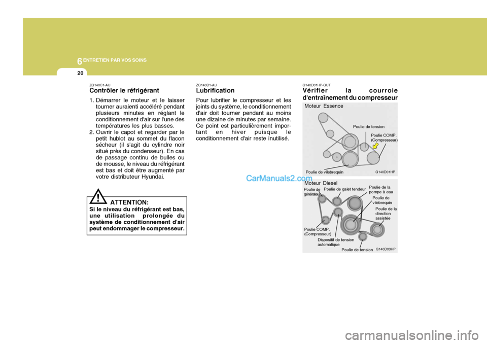 Hyundai Terracan 2006  Manuel du propriétaire (in French) 6ENTRETIEN PAR VOS SOINS
20
ZG140D1-AU
Lubrification
Pour lubrifier le compresseur et les joints du système, le conditionnement dair doit tourner pendant au moins une dizaine de minutes par semaine.