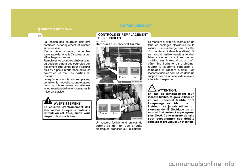 Hyundai Terracan 2006  Manuel du propriétaire (in French) 6ENTRETIEN PAR VOS SOINS
24
La tension des courroies doit être contrôlée périodiquement et ajustéesi nécessaire.Par la même occasion, recherchertoute trace danomalie (fissures, usure,effilocha