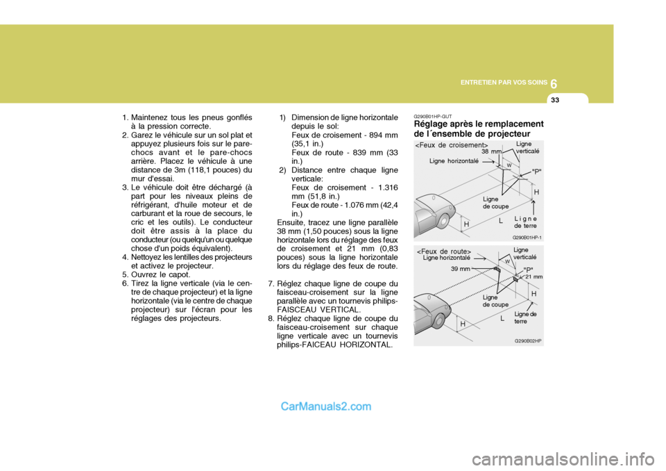 Hyundai Terracan 2006  Manuel du propriétaire (in French) 6
ENTRETIEN PAR VOS SOINS
33
1. Maintenez tous les pneus gonflés à la pression correcte.
2. Garez le véhicule sur un sol plat et appuyez plusieurs fois sur le pare- chocs avant et le pare-chocsarri
