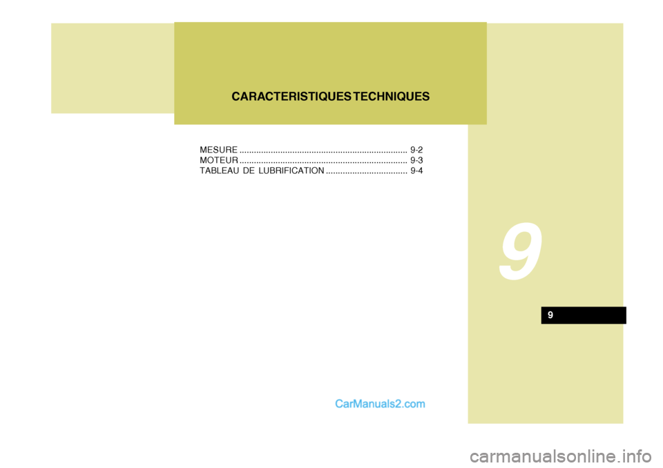 Hyundai Terracan 2006  Manuel du propriétaire (in French) 9
MESURE...................................................................... 9-2
MOTEUR ...................................................................... 9-3
TABLEAU DE LUBRIFICATION ..........
