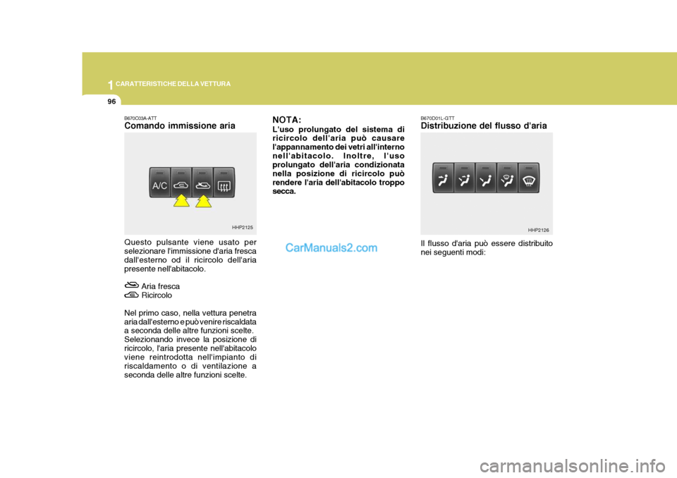Hyundai Terracan 2006  Manuale del proprietario (in Italian) 1CARATTERISTICHE DELLA VETTURA
96
HHP2125HHP2126
B670C03A-ATT Comando immissione aria
NOTA: Luso prolungato del sistema di ricircolo dellaria può causare lappannamento dei vetri allinternonellab