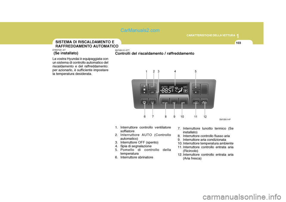 Hyundai Terracan 2006  Manuale del proprietario (in Italian) 1
CARATTERISTICHE DELLA VETTURA
103SISTEMA DI RISCALDAMENTO E RAFFREDDAMENTO AUTOMATICO
B970B01HP
6YB970A1-AT  (Se installato) La vostra Hyundai è equipaggiata con un sistema di controllo automatico 