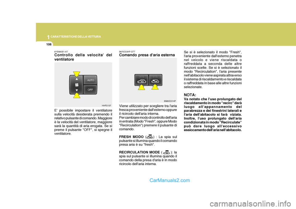 Hyundai Terracan 2006  Manuale del proprietario (in Italian) 1CARATTERISTICHE DELLA VETTURA
106
6YB980B1-AT Controllo della velocita del ventilatore E possibile impostare il ventilatore sulla velocità desiderata premendo ilrelativo pulsante di comando. Maggi