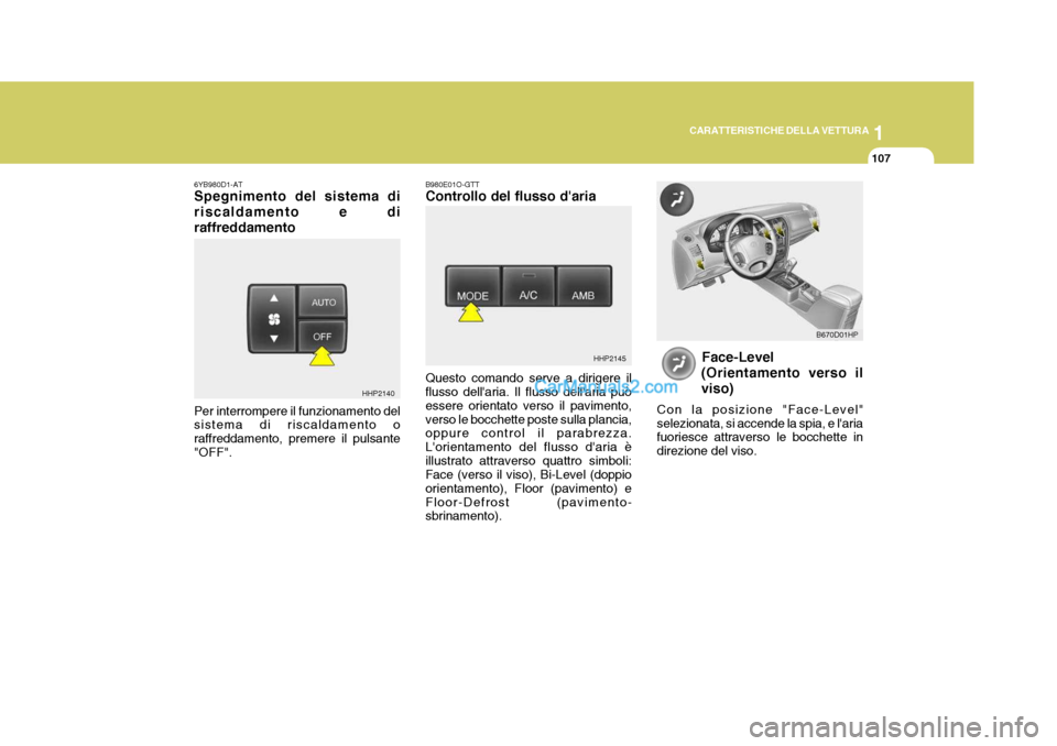 Hyundai Terracan 2006  Manuale del proprietario (in Italian) 1
CARATTERISTICHE DELLA VETTURA
107
6YB980D1-AT Spegnimento del sistema di riscaldamento e diraffreddamento B980E01O-GTT Controllo del flusso daria
Face-Level
(Orientamento verso il viso)
Con la posi