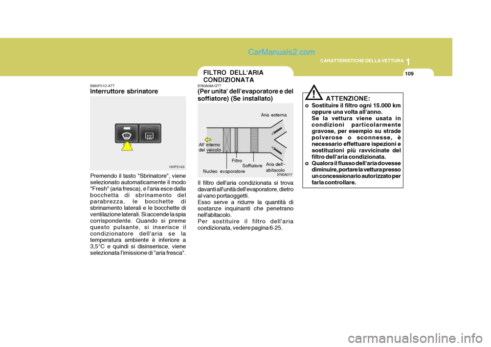 Hyundai Terracan 2006  Manuale del proprietario (in Italian) 1
CARATTERISTICHE DELLA VETTURA
109
B980F01O-ATT Interruttore sbrinatore Premendo il tasto "Sbrinatore", viene selezionato automaticamente il modo "Fresh" (aria fresca), e laria esce dallabocchetta d