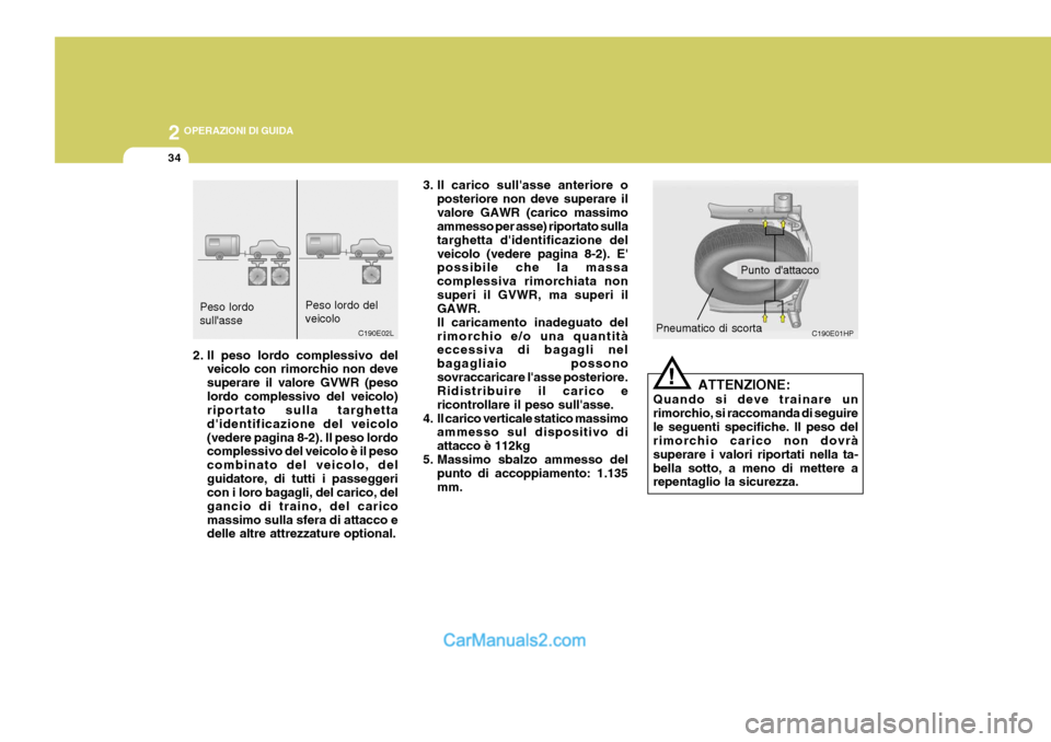 Hyundai Terracan 2006  Manuale del proprietario (in Italian) 2 OPERAZIONI DI GUIDA
34
!
ATTENZIONE:
Quando si deve trainare un rimorchio, si raccomanda di seguirele seguenti specifiche. Il peso del rimorchio carico non dovrà superare i valori riportati nella t