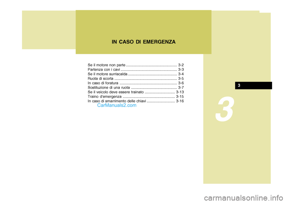 Hyundai Terracan 2006  Manuale del proprietario (in Italian) Se il motore non parte ................................................. 3-2 
Partenza con i cavi ...................................................... 3-3
Se il motore surriscalda ..................