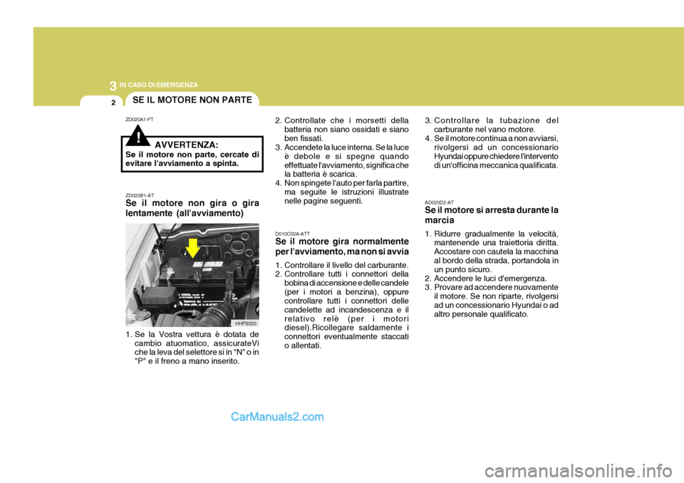Hyundai Terracan 2006  Manuale del proprietario (in Italian) 3 IN CASO DI EMERGENZA
2
!
SE IL MOTORE NON PARTE
ZD020A1-FT
AVVERTENZA:
Se il motore non parte, cercate di evitare lavviamento a spinta. ZD020B1-AT Se il motore non gira o gira lentamente (allavvia