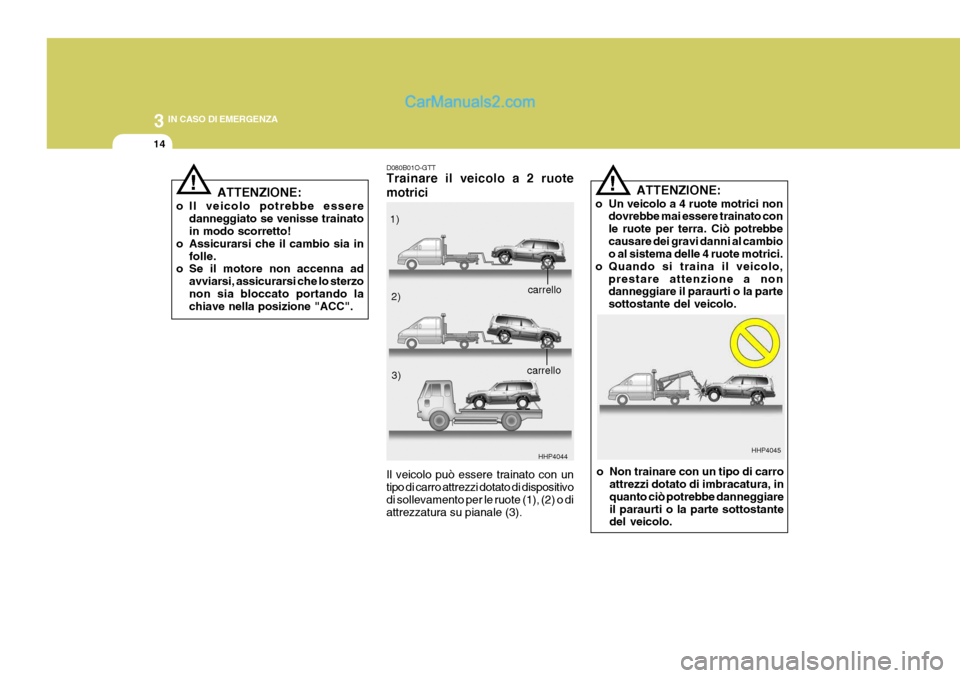 Hyundai Terracan 2006  Manuale del proprietario (in Italian) 3 IN CASO DI EMERGENZA
14
!
ATTENZIONE:
o Il veicolo potrebbe essere danneggiato se venisse trainato in modo scorretto!
o Assicurarsi che il cambio sia in folle.
o Se il motore non accenna ad
avviarsi
