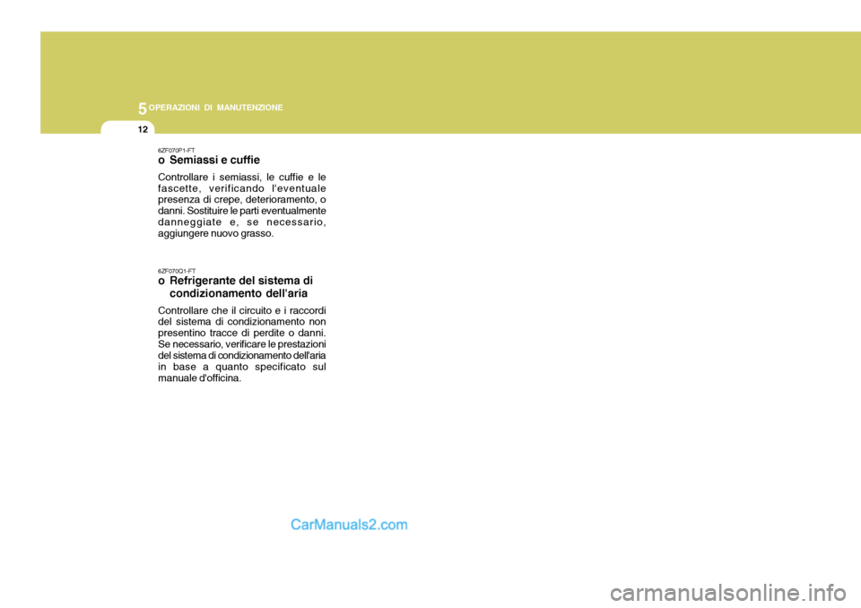 Hyundai Terracan 2006  Manuale del proprietario (in Italian) 5OPERAZIONI DI MANUTENZIONE
12
6ZF070P1-FT 
o Semiassi e cuffie Controllare i semiassi, le cuffie e le fascette, verificando leventuale presenza di crepe, deterioramento, o danni. Sostituire le parti