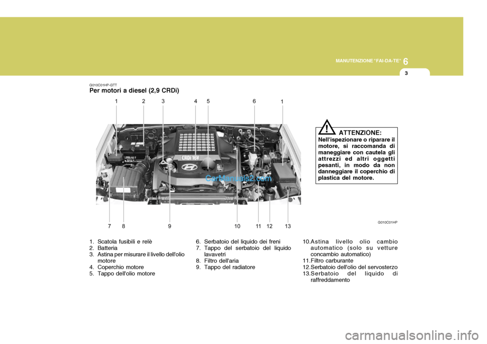 Hyundai Terracan 2006  Manuale del proprietario (in Italian) 6
MANUTENZIONE "FAI-DA-TE"
3
1. Scatola fusibili e relè 
2. Batteria 
3. Astina per misurare il livello dellolio
motore
4. Coperchio motore 
5. Tappo dellolio motore 6. Serbatoio del liquido dei fr