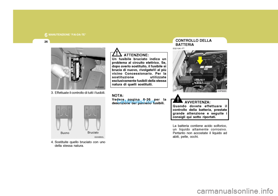 Hyundai Terracan 2006  Manuale del proprietario (in Italian) 6 MANUTENZIONE "FAI-DA-TE"
26
!
ATTENZIONE:
Un fusibile bruciato indica un problema al circuito elettrico. Se,dopo averlo sostituito, il fusibile si brucia di nuovo, rivolgeteVi al più vicino Concess