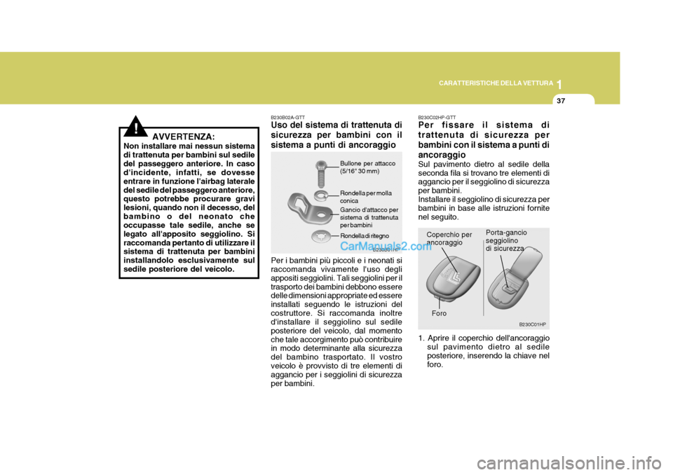 Hyundai Terracan 2006 Manuale del proprietario (in Italian) 1
CARATTERISTICHE DELLA VETTURA
37
!
B230C01HP
Porta-gancio seggiolinodi sicurezza
AVVERTENZA:
Non installare mai nessun sistema di trattenuta per bambini sul sediledel passeggero anteriore. In caso d Hyundai Terracan 2006 Manuale del proprietario (in Italian) 1
CARATTERISTICHE DELLA VETTURA
37
!
B230C01HP
Porta-gancio seggiolinodi sicurezza
AVVERTENZA:
Non installare mai nessun sistema di trattenuta per bambini sul sediledel passeggero anteriore. In caso d