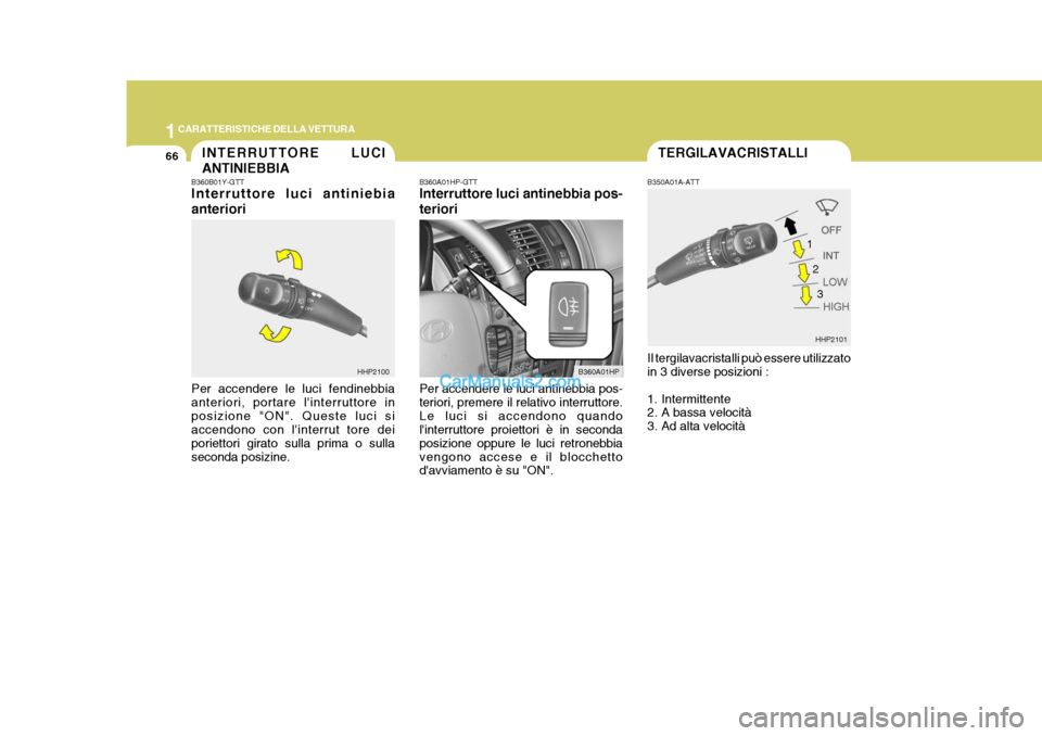 Hyundai Terracan 2006  Manuale del proprietario (in Italian) 1CARATTERISTICHE DELLA VETTURA
66TERGILAVACRISTALLI
HHP2101
B350A01A-ATT Il tergilavacristalli può essere utilizzato in 3 diverse posizioni : 
1. Intermittente 
2. A bassa velocità 
3. Ad alta veloc