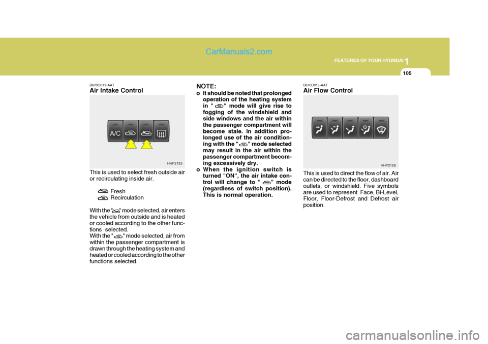 Hyundai Terracan 2005  Owners Manual 1
FEATURES OF YOUR HYUNDAI
105
B670C01Y-AAT Air Intake Control This is used to select fresh outside air or recirculating inside air.
FreshRecirculation
With the "       " mode selected, air entersthe 