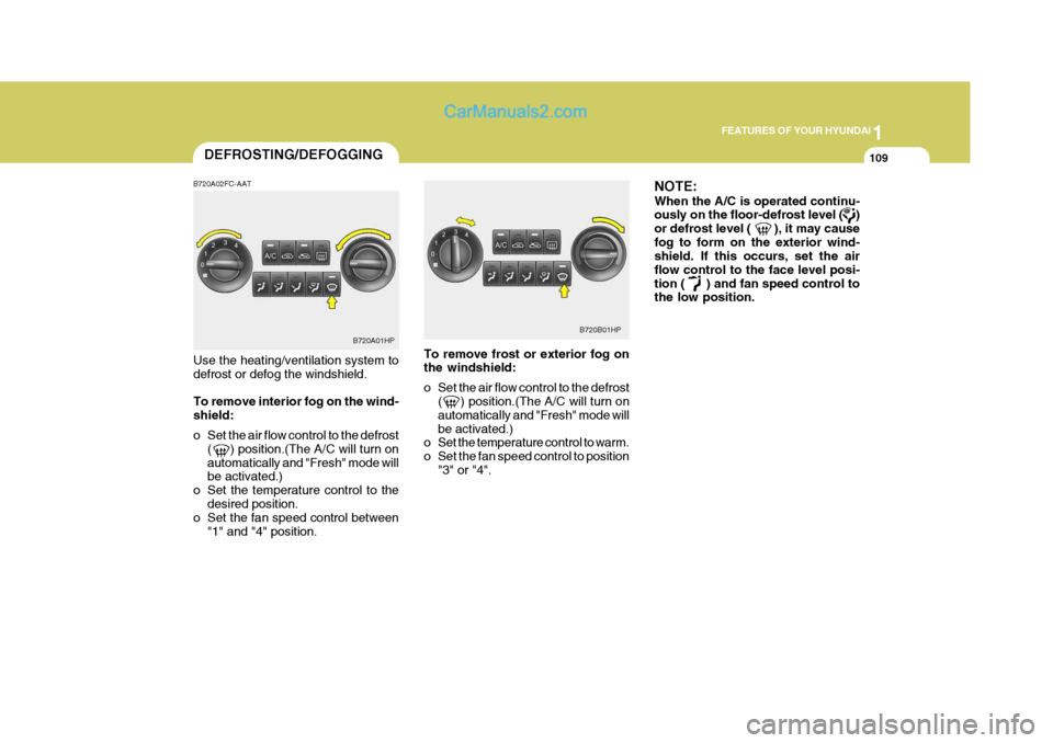 Hyundai Terracan 2005  Owners Manual 1
FEATURES OF YOUR HYUNDAI
109DEFROSTING/DEFOGGING
B720A02FC-AAT Use the heating/ventilation system to defrost or defog the windshield. To remove interior fog on the wind- shield: 
o Set the air flow 