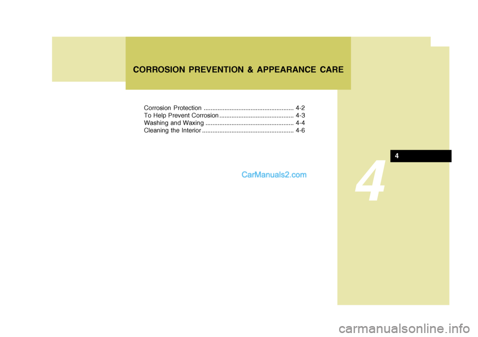 Hyundai Terracan 2005  Owners Manual 4
Corrosion Protection .................................................... 4-2 
To Help Prevent Corrosion ........................................... 4-3
Washing and Waxing ..........................