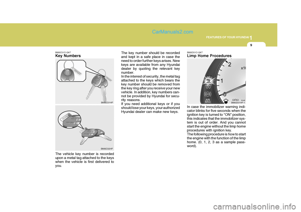 Hyundai Terracan 2005 Owners Manual 1
FEATURES OF YOUR HYUNDAI
9
B885C01O-GAT Key Numbers B885D01O-GATLimp Home Procedures
In case the immobilizer warning indi- cator blinks for five seconds when the ignition key is turned to "ON" posit Hyundai Terracan 2005 Owners Manual 1
FEATURES OF YOUR HYUNDAI
9
B885C01O-GAT Key Numbers B885D01O-GATLimp Home Procedures
In case the immobilizer warning indi- cator blinks for five seconds when the ignition key is turned to "ON" posit