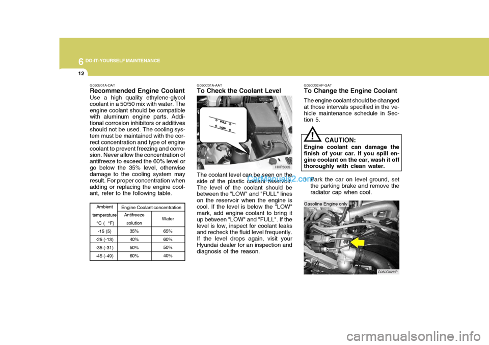 Hyundai Terracan 2005 Owners Manual 6 DO-IT-YOURSELF MAINTENANCE
12
!
Ambient
temperature
°C ( °F) -15 (5)
-25 (-13) -35 (-31) -45 (-49) Engine Coolant concentration
Water
65%60% 50% 40%
Antifreeze solution 35% 40% 50% 60%
G050C01A- Hyundai Terracan 2005 Owners Manual 6 DO-IT-YOURSELF MAINTENANCE
12
!
Ambient
temperature
°C ( °F) -15 (5)
-25 (-13) -35 (-31) -45 (-49) Engine Coolant concentration
Water
65%60% 50% 40%
Antifreeze solution 35% 40% 50% 60%
G050C01A-