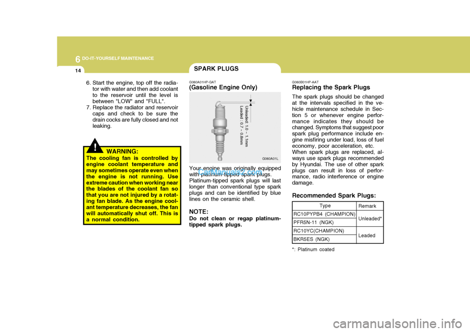 Hyundai Terracan 2005  Owners Manual 6 DO-IT-YOURSELF MAINTENANCE
14SPARK PLUGS
!
G060A01HP-GAT
(Gasoline Engine Only)
Your engine was originally equipped
with platinum-tipped spark plugs.
Platinum-tipped spark plugs will last
longer tha