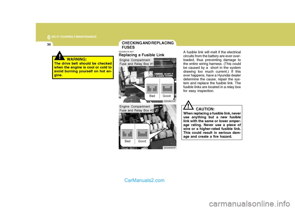 Hyundai Terracan 2005  Owners Manual 6 DO-IT-YOURSELF MAINTENANCE
30CHECKING AND REPLACING FUSES
!
G200A01A-AAT
Replacing a Fusible Link A fusible link will melt if the electrical
circuits from the battery are ever over- loaded, thus pre