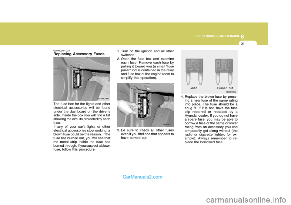 Hyundai Terracan 2005  Owners Manual 6
DO-IT-YOURSELF MAINTENANCE
31
G200B02HP-GAT
Replacing Accessory Fuses
The fuse box for the lights and other electrical accessories will be foundunder the dashboard on the driver’s side. Inside the