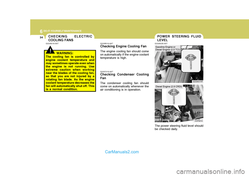 Hyundai Terracan 2005  Owners Manual 6 DO-IT-YOURSELF MAINTENANCE
34
Gasoline Engine or Diesel Engine (2.5 TCI)
POWER STEERING FLUID LEVEL
G220B01A-AAT
Checking Engine Cooling Fan
The engine cooling fan should come
on automatically if th