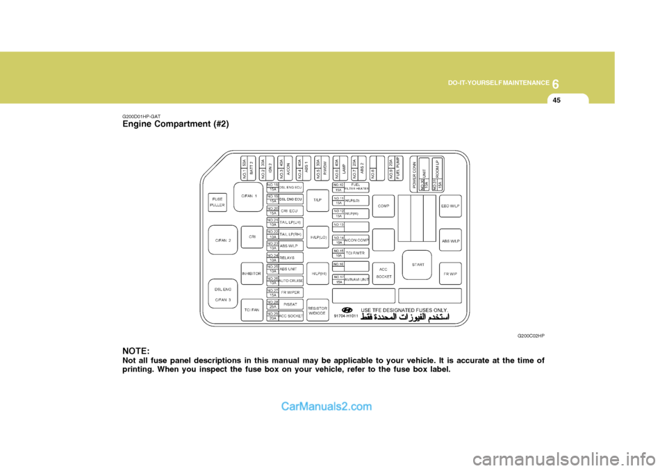 Hyundai Terracan 2005  Owners Manual 6
DO-IT-YOURSELF MAINTENANCE
45
NOTE: Not all fuse panel descriptions in this manual may be applicable to your vehicle. It is accurate at the time of printing. When you inspect the fuse box on your ve