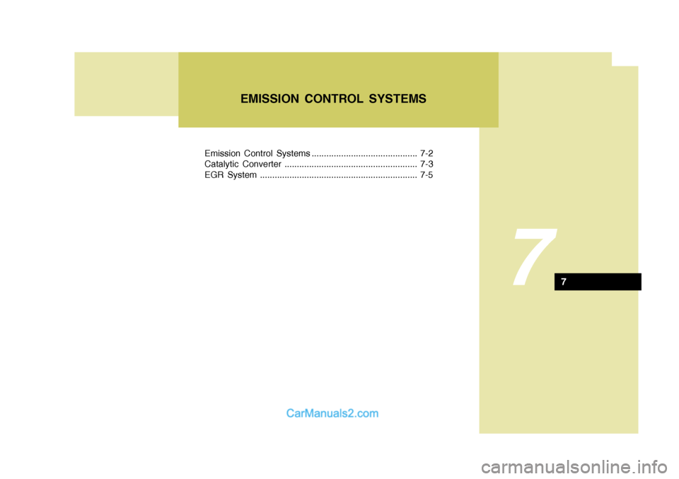 Hyundai Terracan 2005  Owners Manual Emission Control Systems ........................................... 7-2 
Catalytic Converter ...................................................... 7-3
EGR System ....................................