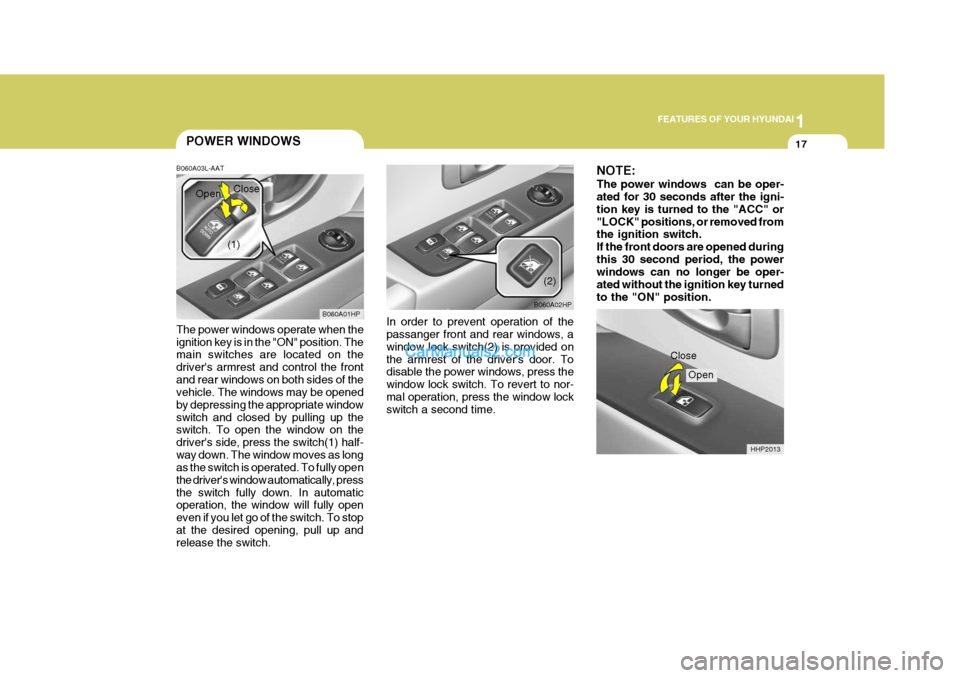 Hyundai Terracan 2005 Owners Manual 1
FEATURES OF YOUR HYUNDAI
17
HHP2013
POWER WINDOWS
B060A03L-AAT
The power windows operate when the ignition key is in the "ON" position. The main switches are located on the drivers armrest and cont Hyundai Terracan 2005 Owners Manual 1
FEATURES OF YOUR HYUNDAI
17
HHP2013
POWER WINDOWS
B060A03L-AAT
The power windows operate when the ignition key is in the "ON" position. The main switches are located on the drivers armrest and cont