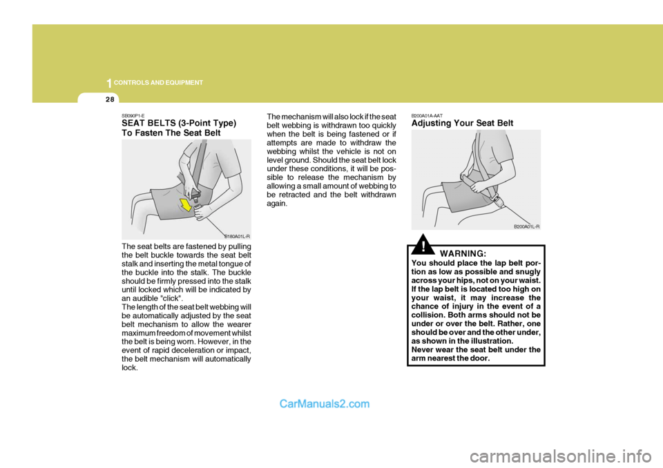 Hyundai Terracan 2005  Owners Manual 1CONTROLS AND EQUIPMENT
28
SB090P1-E SEAT BELTS (3-Point Type) To Fasten The Seat Belt The seat belts are fastened by pulling the belt buckle towards the seat belt stalk and inserting the metal tongue