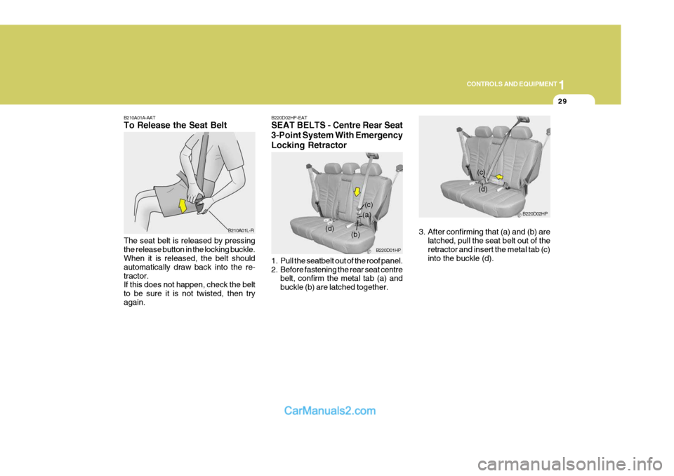 Hyundai Terracan 2005  Owners Manual 1
CONTROLS AND EQUIPMENT
29
B210A01A-AAT To Release the Seat Belt The seat belt is released by pressing the release button in the locking buckle. When it is released, the belt should automatically dra