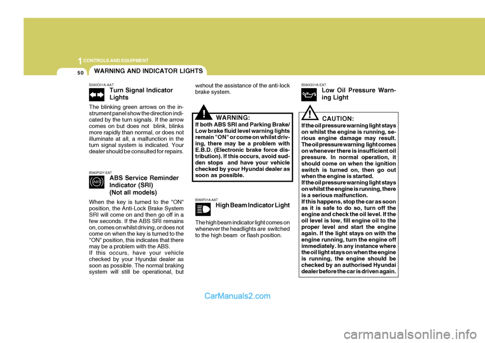 Hyundai Terracan 2005  Owners Manual 1CONTROLS AND EQUIPMENT
50
!!
!
B260P02Y-EAT
ABS Service Reminder Indicator (SRI) (Not all models)
When the key is turned to the "ON" position, the Anti-Lock Brake System SRI will come on and then go 
