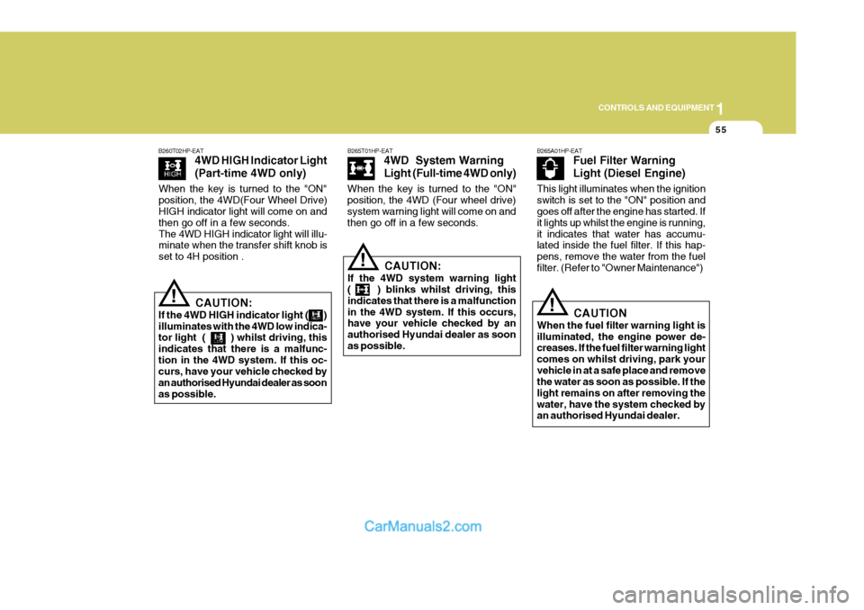Hyundai Terracan 2005  Owners Manual 1
CONTROLS AND EQUIPMENT
55
!
B265T01HP-EAT
4WD  System Warning 
Light (Full-time 4WD only)
CAUTION:
If the 4WD system warning light (     ) blinks whilst driving, this indicates that there is a malfu