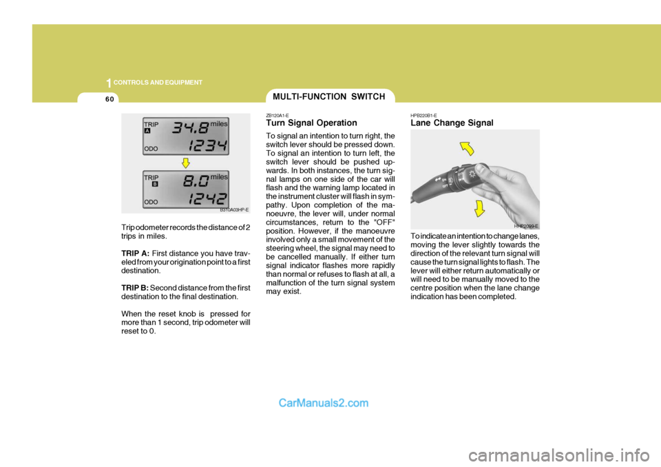 Hyundai Terracan 2005  Owners Manual 1CONTROLS AND EQUIPMENT
60
HPB220B1-E Lane Change Signal To indicate an intention to change lanes, moving the lever slightly towards the direction of the relevant turn signal will cause the turn signa