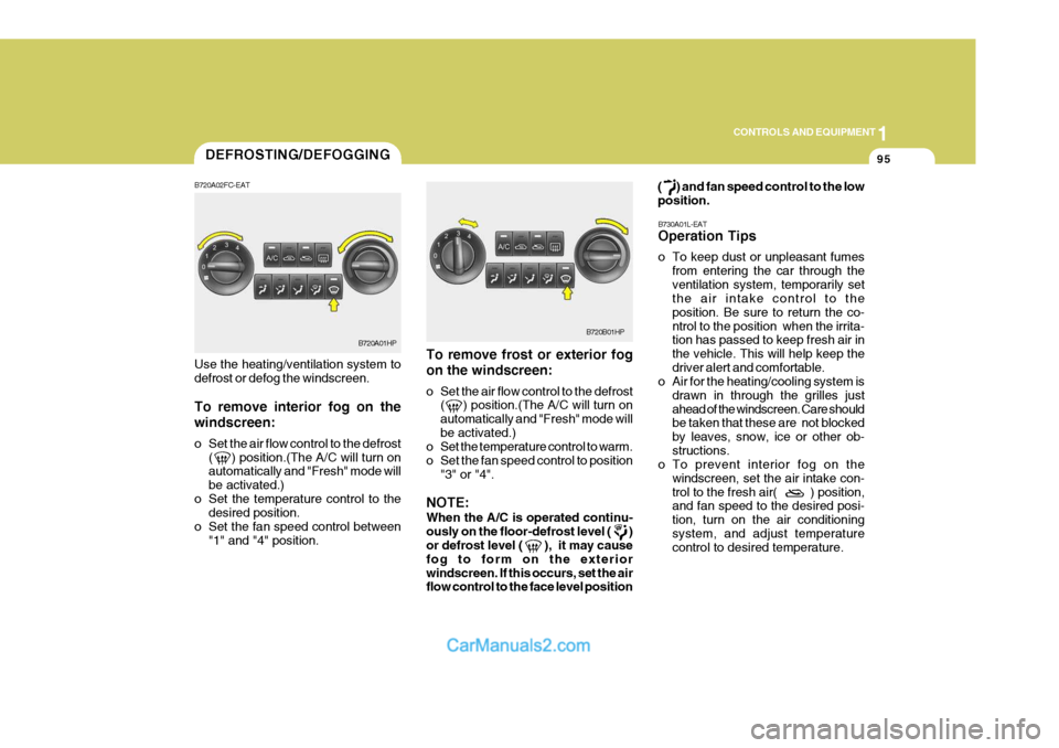 Hyundai Terracan 2005  Owners Manual 1
CONTROLS AND EQUIPMENT
95
To remove frost or exterior fog on the windscreen: 
o Set the air flow control to the defrost (     ) position.(The A/C will turn on automatically and "Fresh" mode willbe a