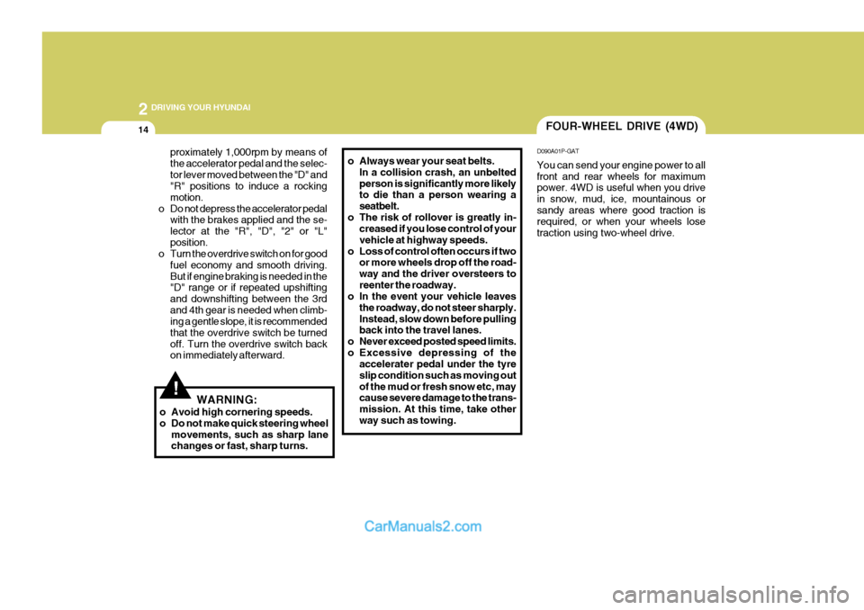 Hyundai Terracan 2005  Owners Manual 2 DRIVING YOUR HYUNDAI
14FOUR-WHEEL DRIVE (4WD)
D090A01P-GAT You can send your engine power to all front and rear wheels for maximum power. 4WD is useful when you drive in snow, mud, ice, mountainous 