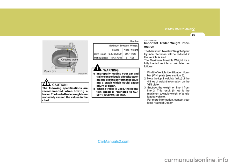 Hyundai Terracan 2005  Owners Manual 2
DRIVING YOUR HYUNDAI
29
!
!
CAUTION:
The following specifications are recommended when towing a trailer. The loaded trailer weight can- not safely exceed the values in thechart. Trailer
With Brake
M