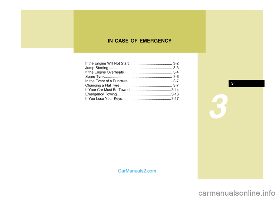 Hyundai Terracan 2005  Owners Manual 3
If the Engine Will Not Start .......................................... 3-2 
Jump Starting .............................................................. 3-3
If the Engine Overheats ................