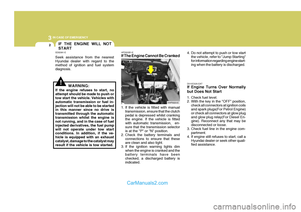 Hyundai Terracan 2005  Owners Manual 3 IN CASE OF EMERGENCY
2
!WARNING:
If the engine refuses to start, no attempt should be made to push or tow start the vehicle. Vehicles with automatic transmission or fuel in-jection will not be able 