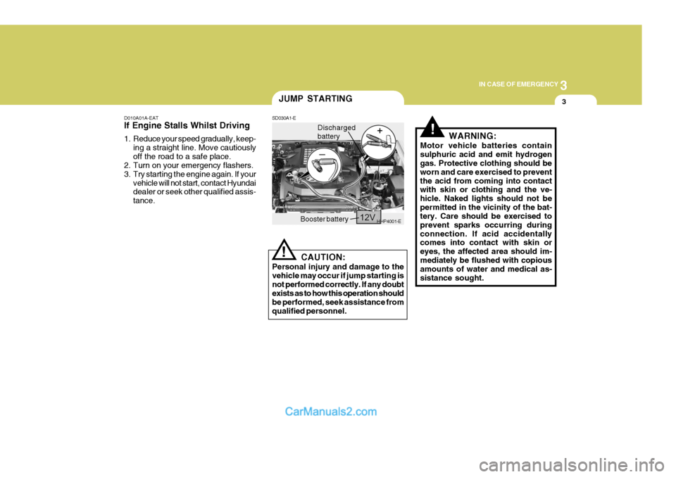 Hyundai Terracan 2005  Owners Manual 3
IN CASE OF EMERGENCY
3
!
D010A01A-EAT If Engine Stalls Whilst Driving 
1. Reduce your speed gradually, keep-
ing a straight line. Move cautiously off the road to a safe place.
2. Turn on your emerge