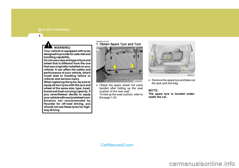 Hyundai Terracan 2005 Owners Manual 3 IN CASE OF EMERGENCY
8
D060B01HP-EAT 1. Obtain Spare Tyre and Tool
o Obtain the spare wheel rod (Jackhandle) after folding up the seat cushion of the rear seat . To fold up the seat cushion, refer Hyundai Terracan 2005 Owners Manual 3 IN CASE OF EMERGENCY
8
D060B01HP-EAT 1. Obtain Spare Tyre and Tool
o Obtain the spare wheel rod (Jackhandle) after folding up the seat cushion of the rear seat . To fold up the seat cushion, refer