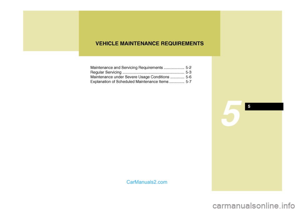 Hyundai Terracan 2005  Owners Manual Maintenance and Servicing Requirements ................... 5-2 
Regular Servicing ......................................................... 5-3
Maintenance under Severe Usage Conditions ............. 