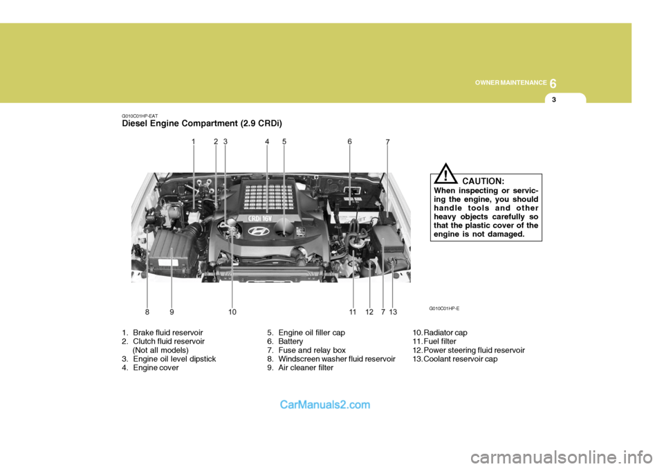 Hyundai Terracan 2005  Owners Manual 6
OWNER MAINTENANCE
3
G010C01HP-EAT
Diesel Engine Compartment (2.9 CRDi)
1. Brake fluid reservoir 
2. Clutch fluid reservoir     (Not all models) 
3. Engine oil level dipstick 
4. Engine cover 5. Engi