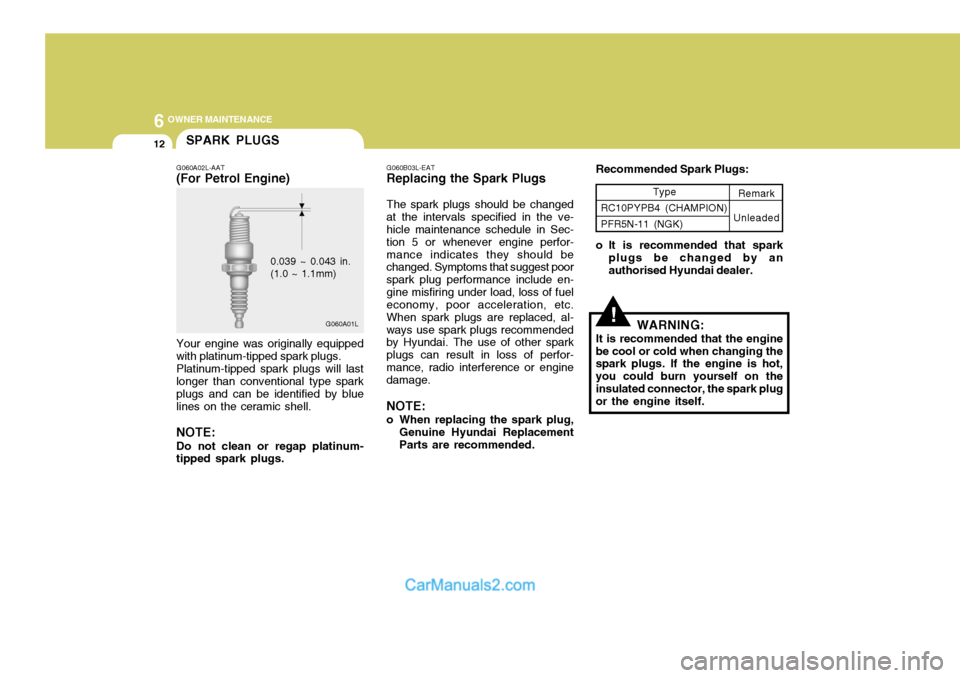 Hyundai Terracan 2005  Owners Manual 6 OWNER MAINTENANCE
12
!
Your engine was originally equipped with platinum-tipped spark plugs. Platinum-tipped spark plugs will last longer than conventional type spark plugs and can be identified by 